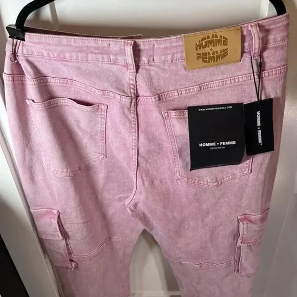 HOMME + FEMME LA distressed flare cargo jeans w/straps washed LIGHT PINK - Picture 9 of 9